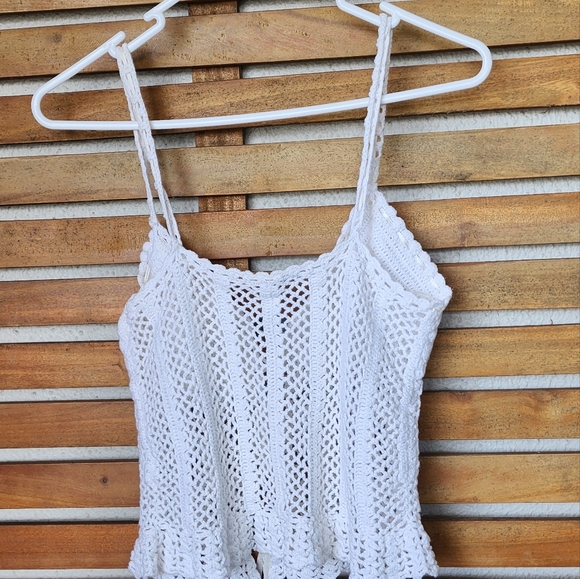 Y2K boho top loose knit lace-up white singlet size 10 - Picture 2 of 10